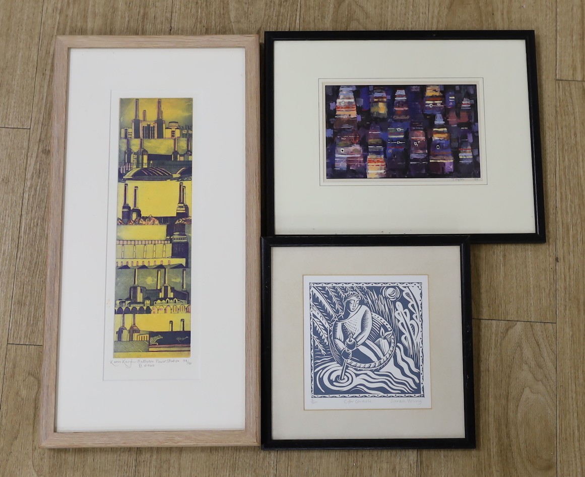 Karen Keogh, limited edition print, Battersea Power Station, 39/50, 34 x 10cm, a Sarah Young print of a Coracle, 5/300 and a Frank Taylor, watercolour, 'Strata and Fossils'
